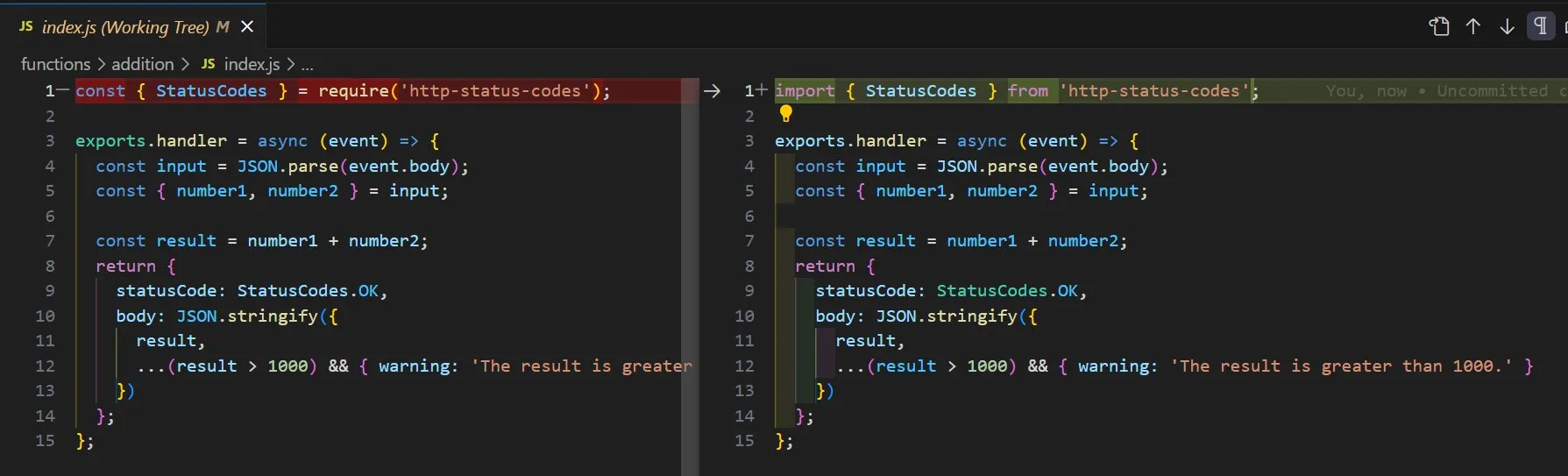Diff file showing the difference between require and import for including modules