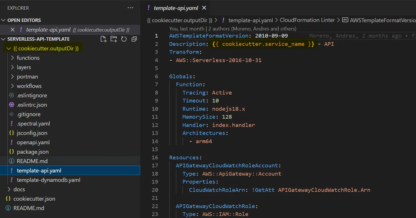 Screenshot of coockiecutter replacement format examples