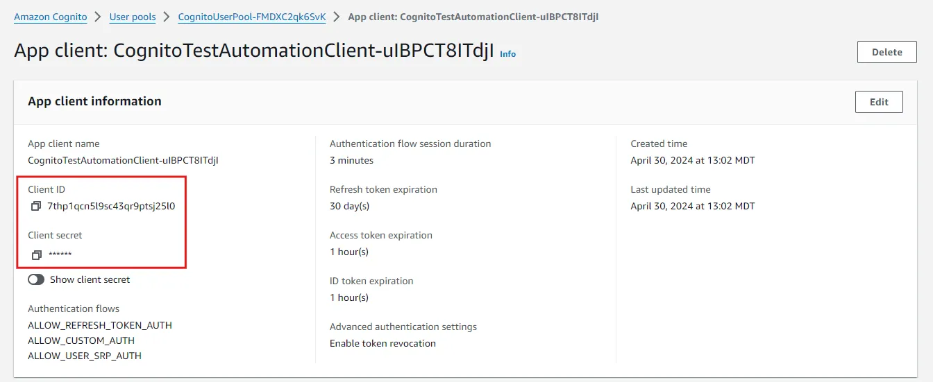 AWS Console showing an application client in Cognito where we can grab the client id and secret