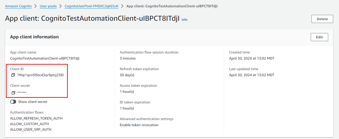 AWS Console showing an application client in Cognito where we can grab the client id and secret