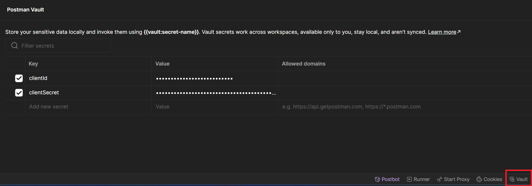 Postman Vault window showing an item for clientId and clientSecret and their masked values