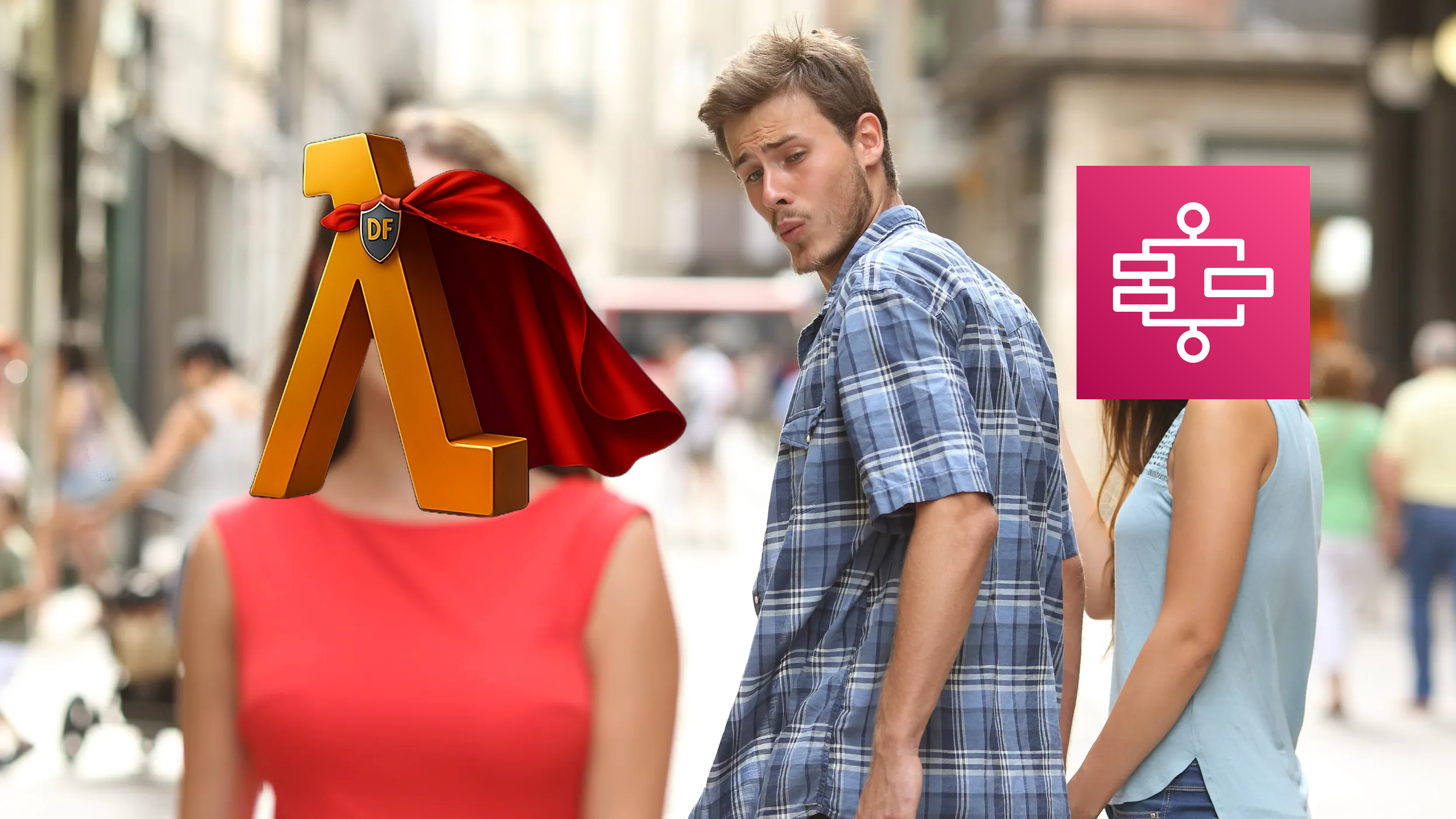 Distracted boyfriend meme. The boyfriend is looking at a Lambda durable function while the angry girlfriend has the Step Functions logo as the face.