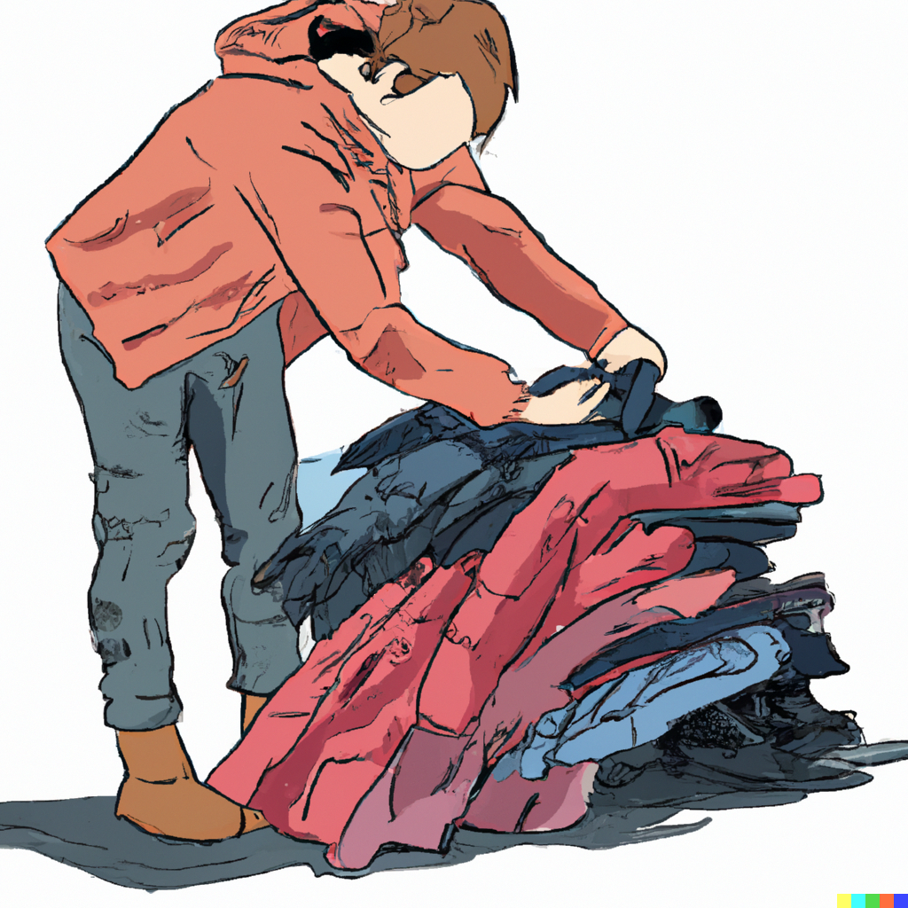 Image of a person removing a jacket into a stack of other jackets the person has already removed