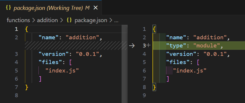 Diff del package.json mostrando el atributo type como module