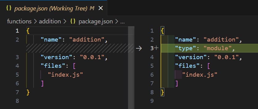 package.json diff showing type attribute as module